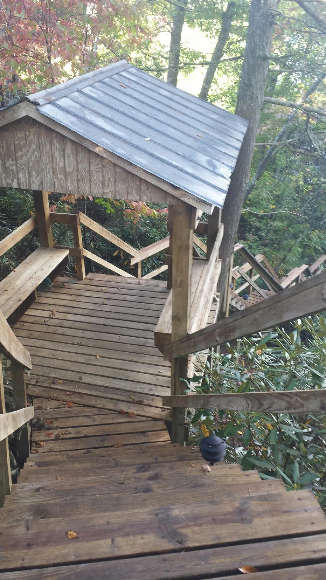 Metal roofed shelter over wooden steps on a wooded walkway — Skylight Repair & Installation work by our crew in Geneseo